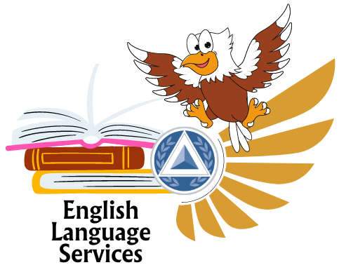A baby eagle perched atop the NLU logo next to an open book. The phrase 