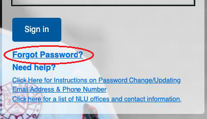 Screen shot of the NLU log in screen. The Forgot Password link is circled in red.