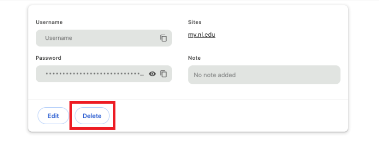 Screenshot of a browser's password manager. The option to delete a password for my.nl.edu is highlighted with a red rectangle.