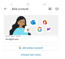 Screenshot of the Android Outlook application log in screen. The email field has the value 