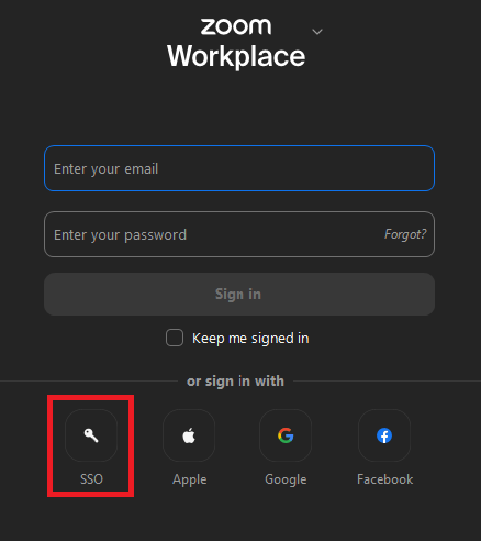 Screenshot of the Zoom sign in dialog. The SSO option has a red rectangle around it.