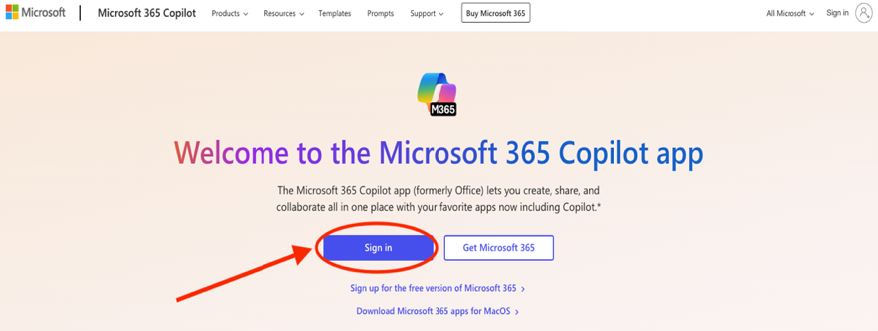 Screenshot showing the location of the Sign In button on the Microsoft 365 Copilot app.