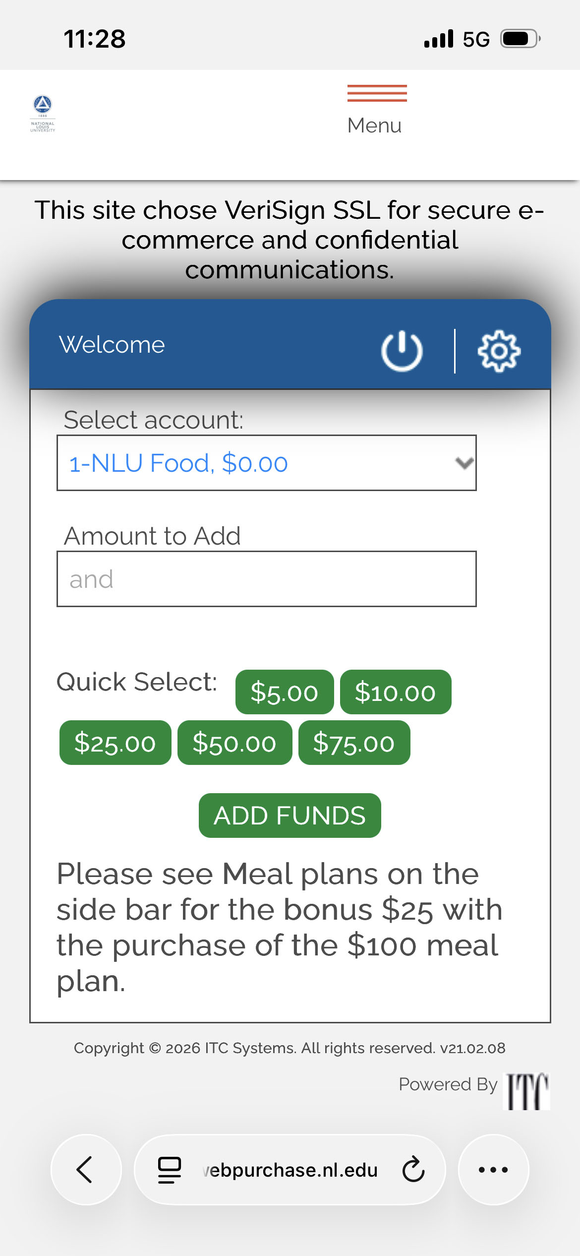 A screenshot of the Web Purchase add funds page