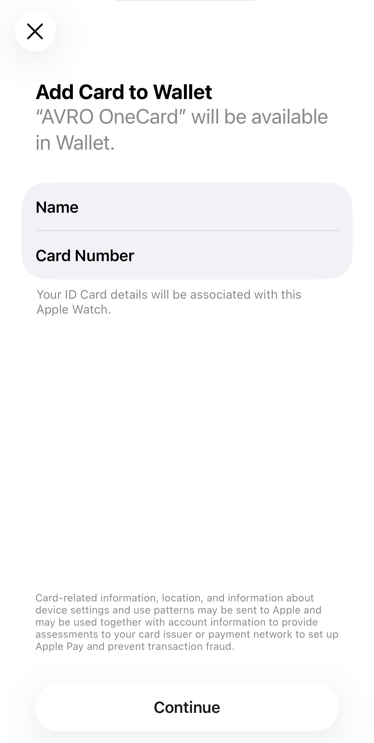 Screenshot of the AVRO app add to wallet dialog