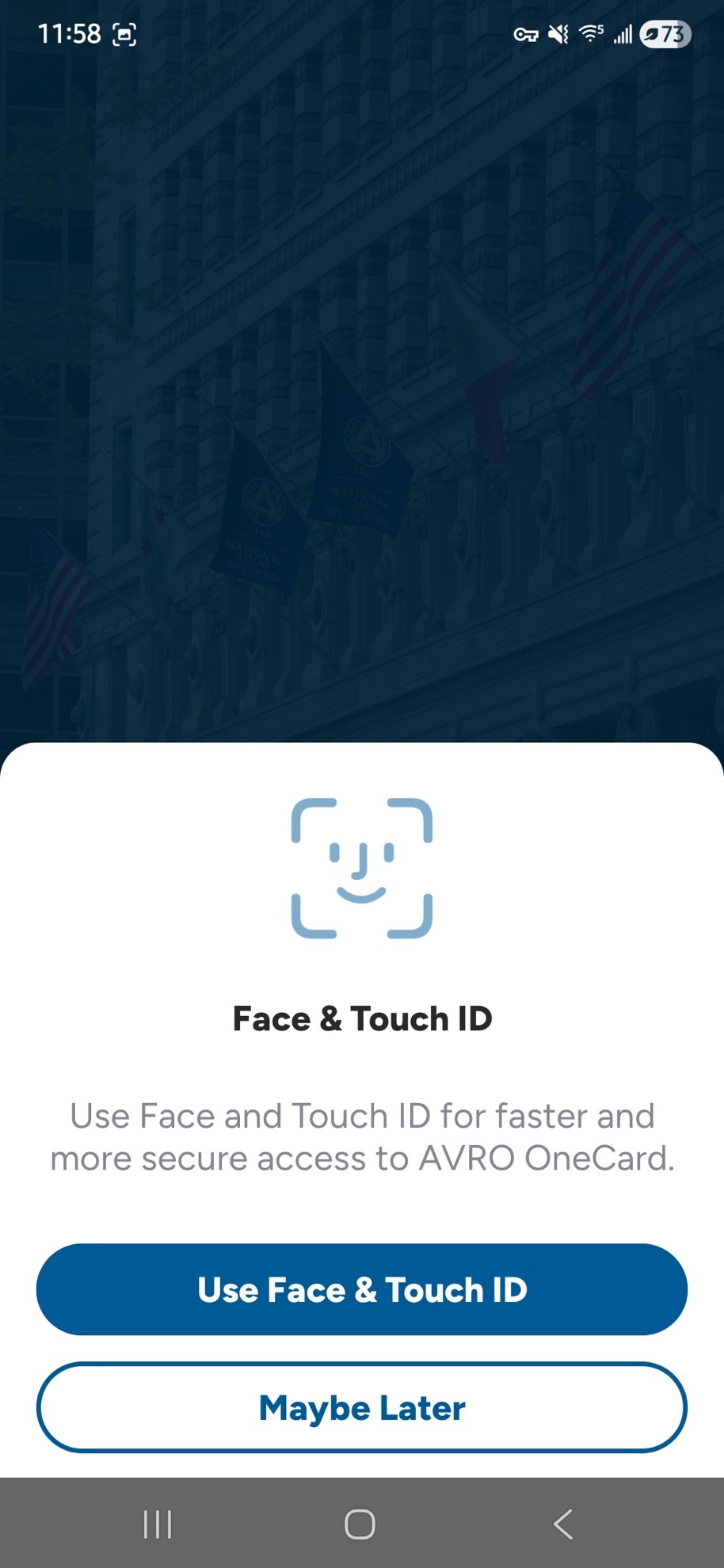 Screenshot of the AVRO App enable face and touch ID screen
