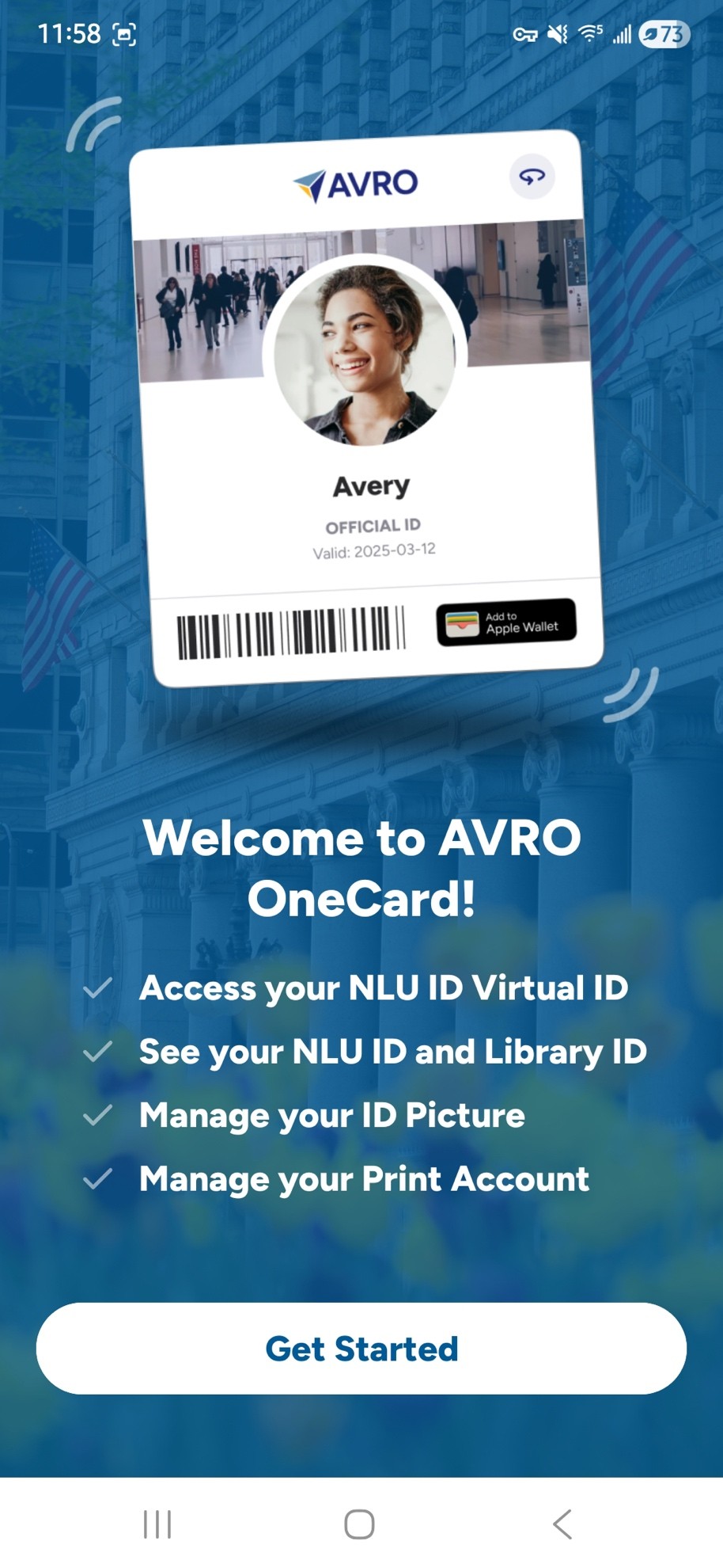 Screenshot of the AVRO App welcome screen