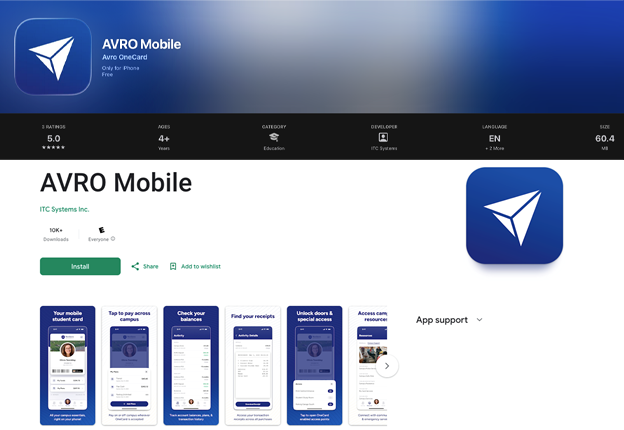 Screenshot of the AVRO mobile app in the app store