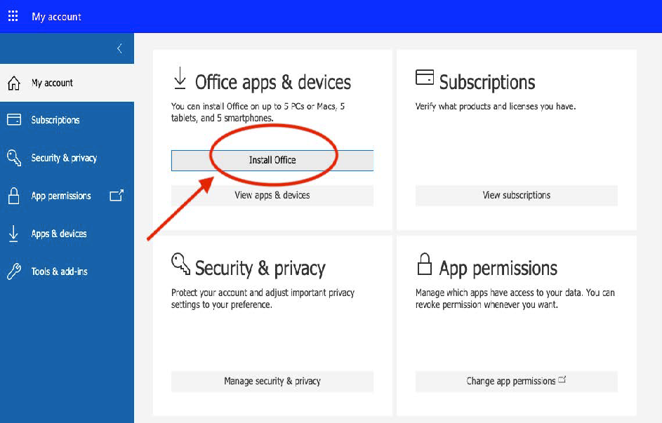 Screenshot showing the Install Office button in the Office Installer